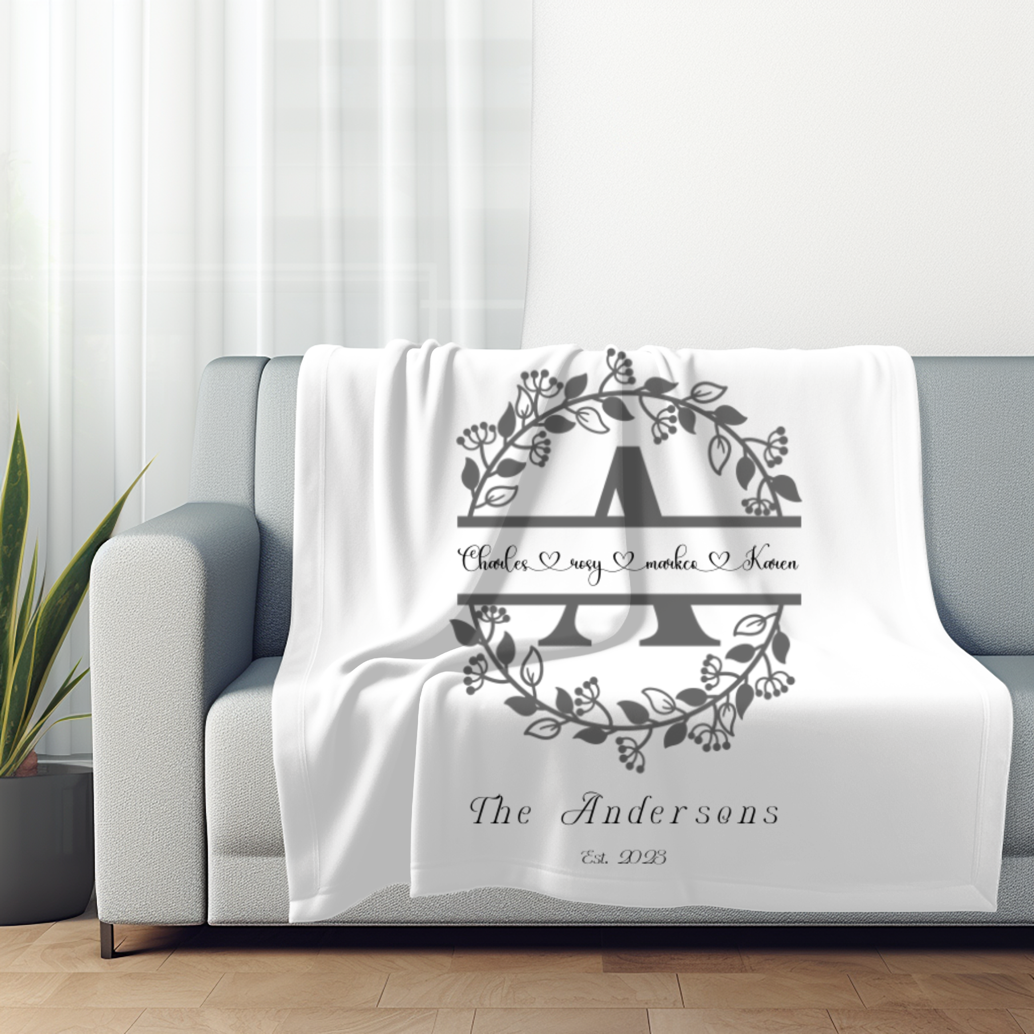 Floral Monogram With First Names & Family Name | Velveteen Plush Blanket