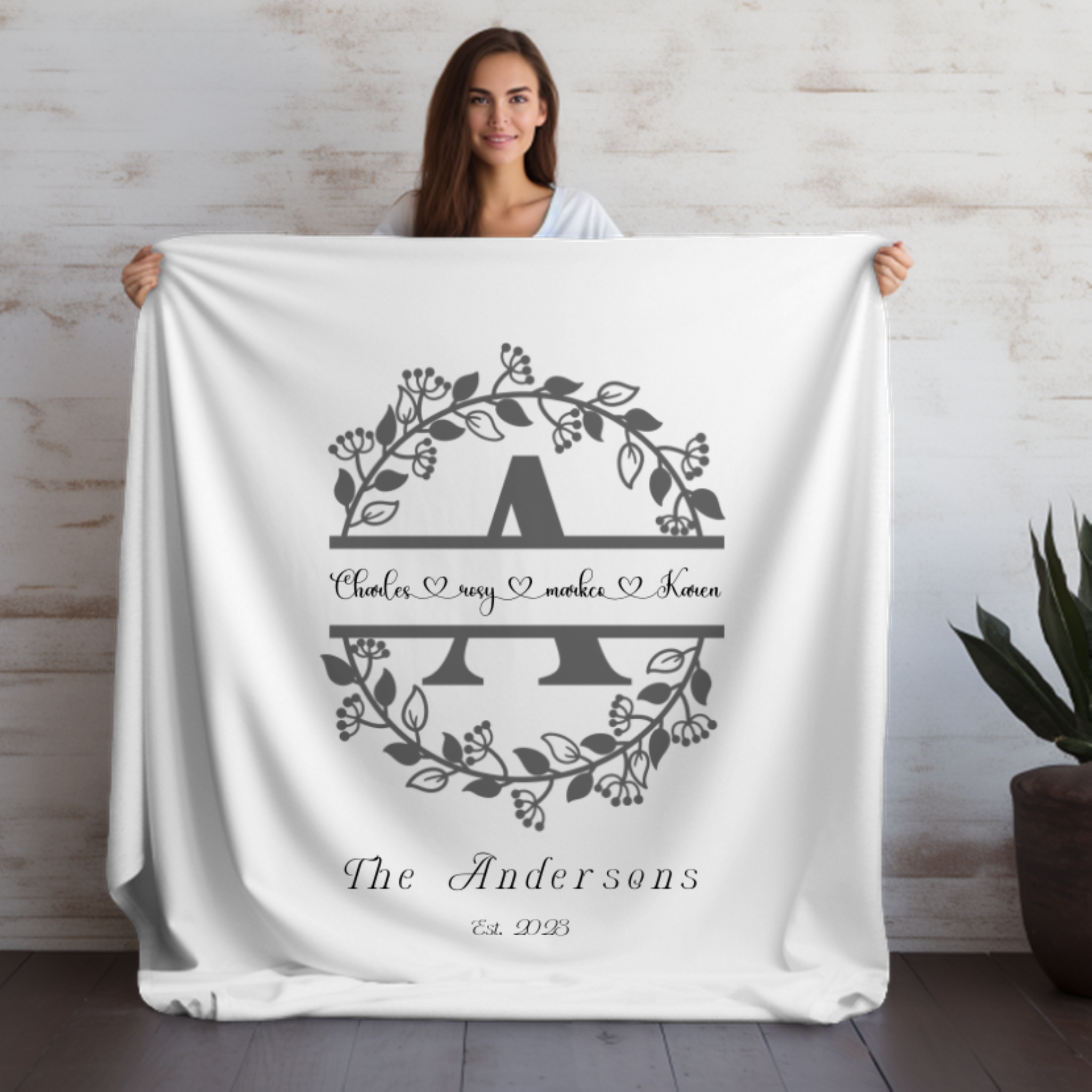 Floral Monogram With First Names & Family Name | Velveteen Plush Blanket