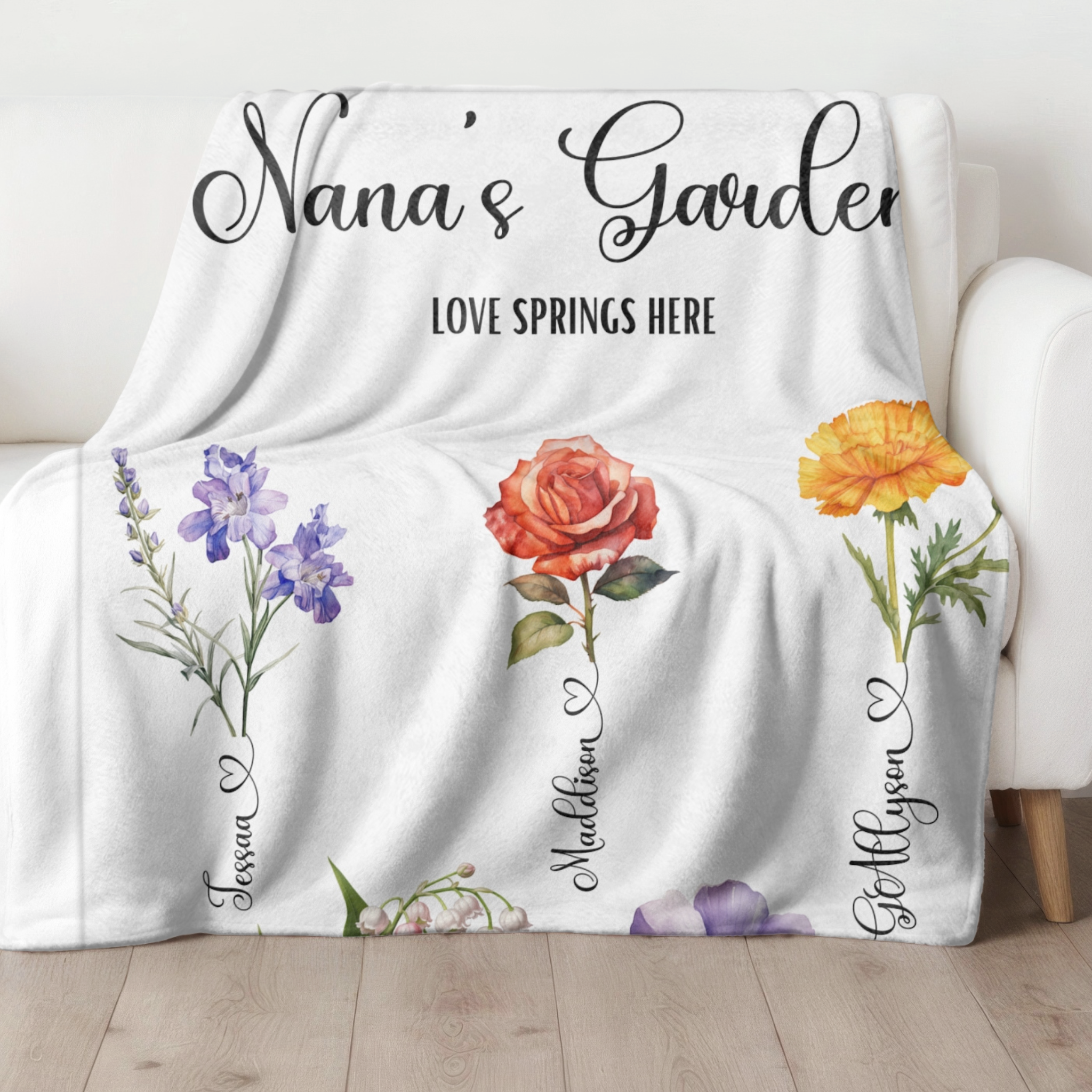 Family Names With birth flower | Velveteen Minky Blanket